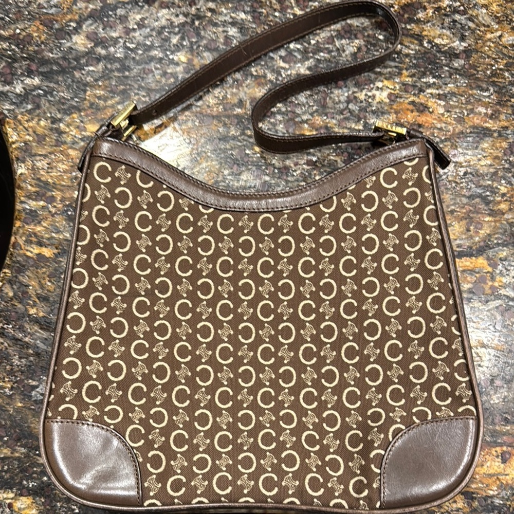 Celine Brown Shoulder Bag with Geometric Pattern